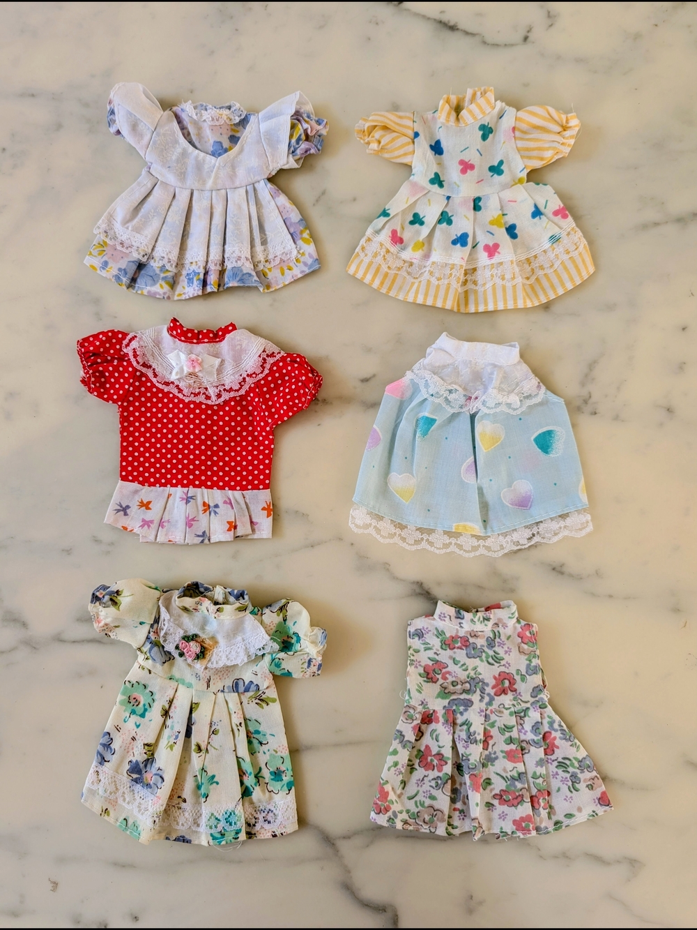 NWOT. Set of 6 Vintage-Inspired Doll Summer Dresses - Pastel Florals & Polka Dot